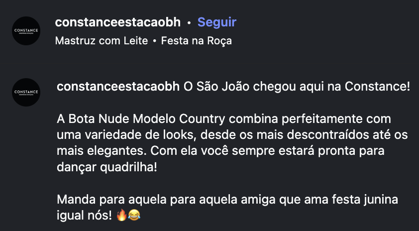 Legenda do post: O São João chegou aqui na Constance! A Bota Nude Modelo Country combina perfeitamente com uma variedade de looks.